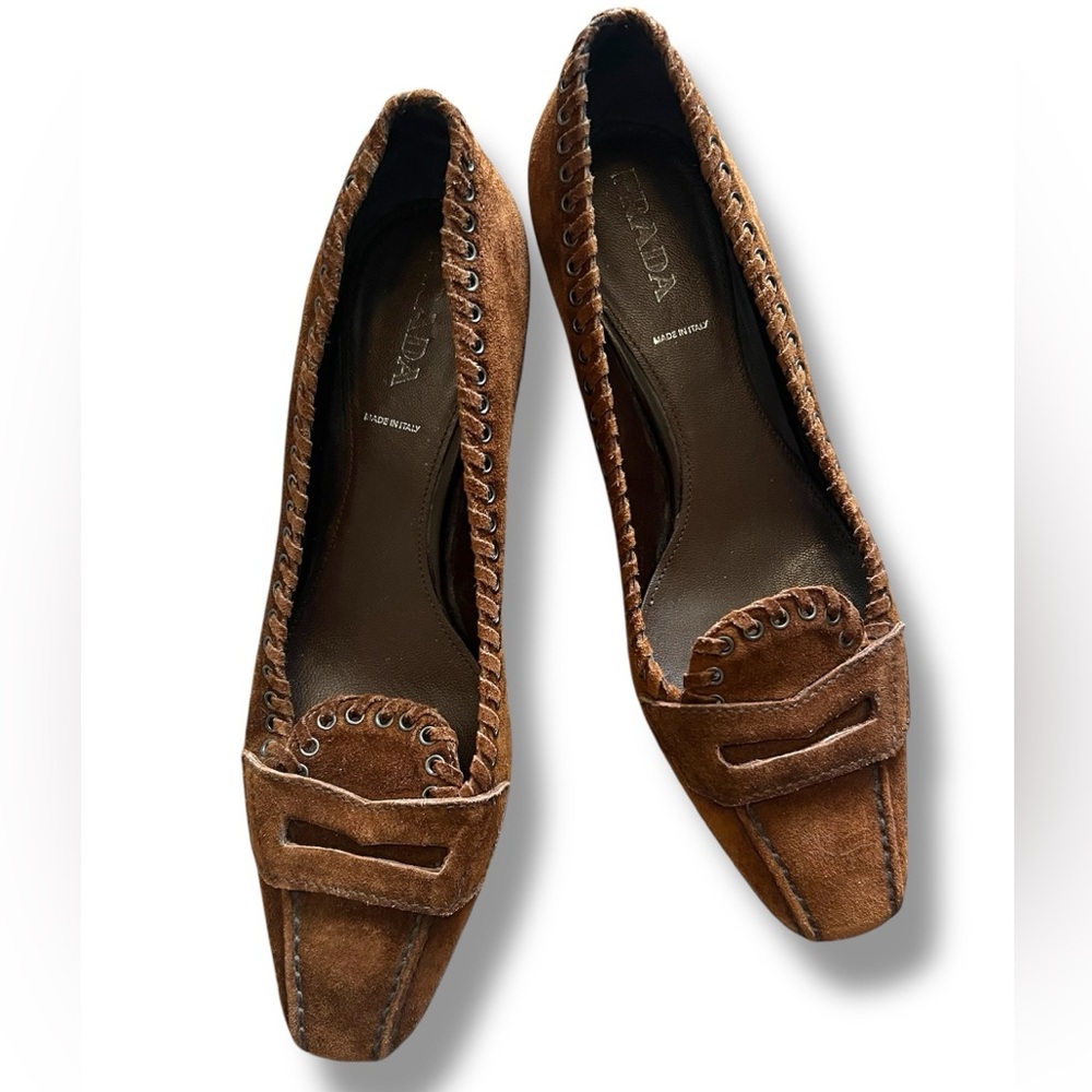 Prada Brown Heeled Loafers - Picture 2 of 10